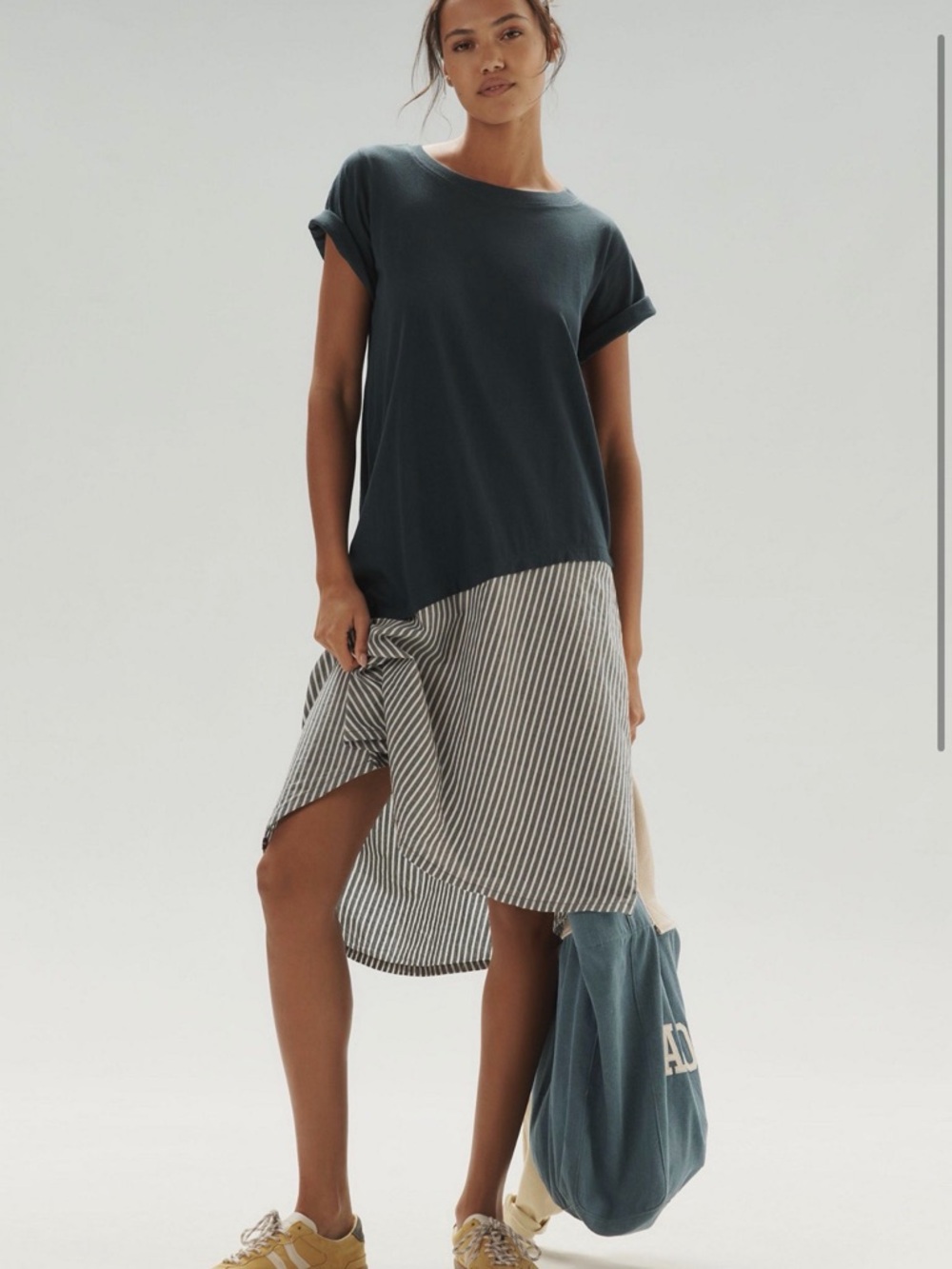 Anthropologie Dark Teal Top with Black and White Striped Midi Skirt